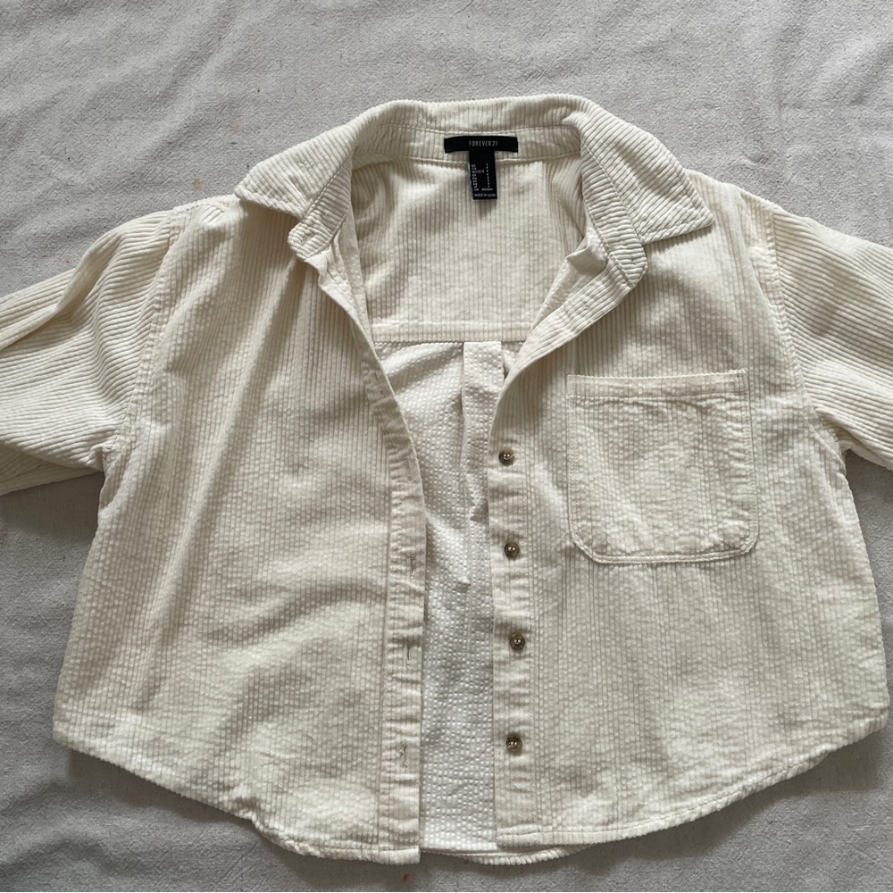 Forever 21 White Corduroy Button-Up Shirt Cropped